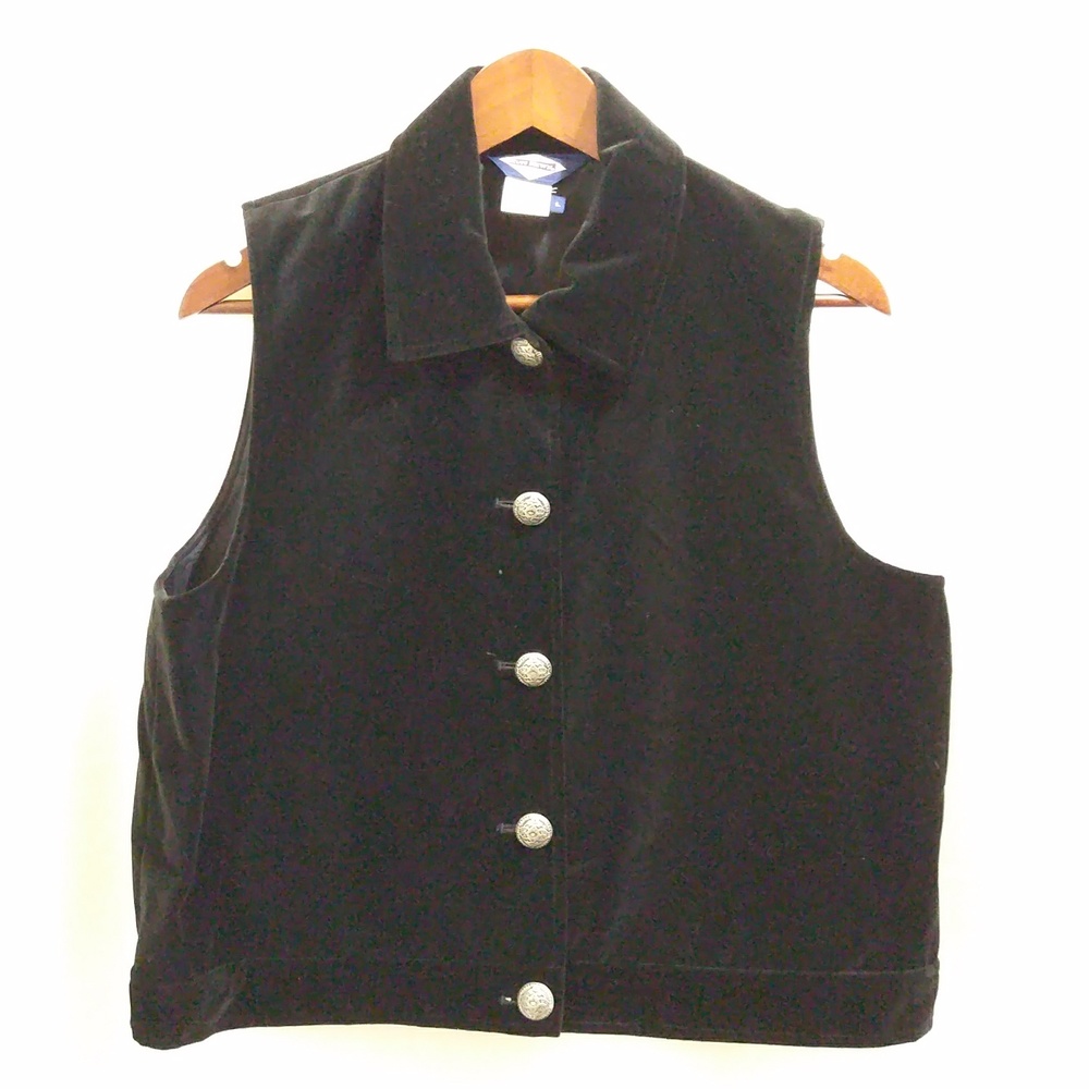 Collared Black Velvet Vest Lined with Silver Buttons - Sz Lg